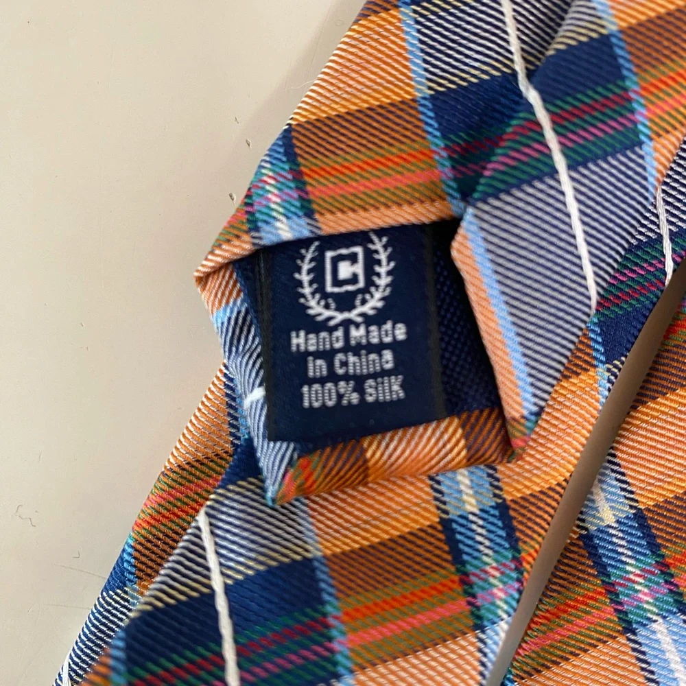 CHAPS Men’s 100% Silk Plaid‎ Necktie Orange Navy